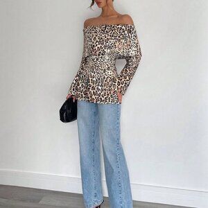 Brown Casual Women's One-Shoulder Leopard Print Long-Sleeved Jacket